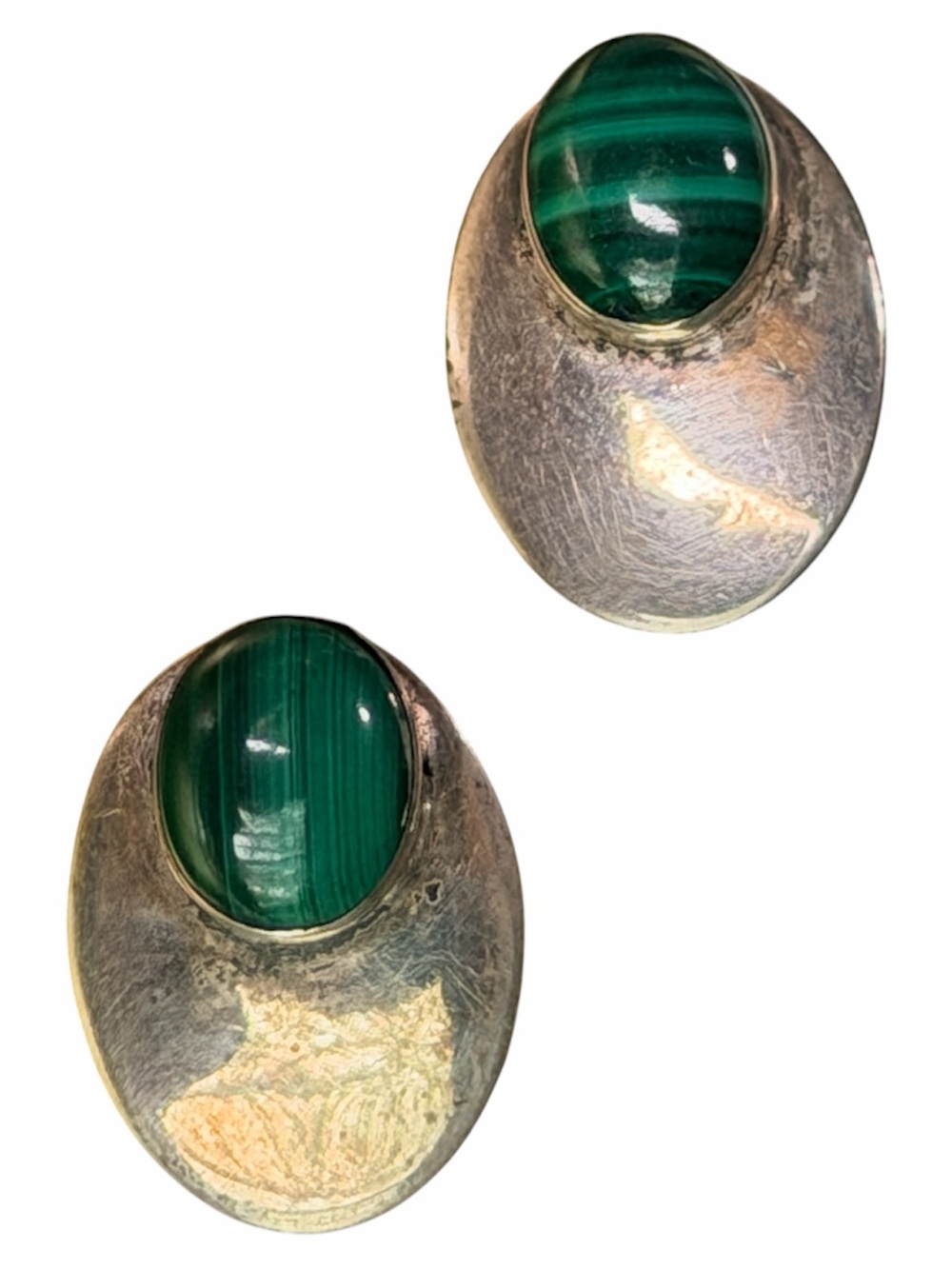 Vintage Navajo Signed Post Earrings Sterling Silver & Genuine Malachite Stone